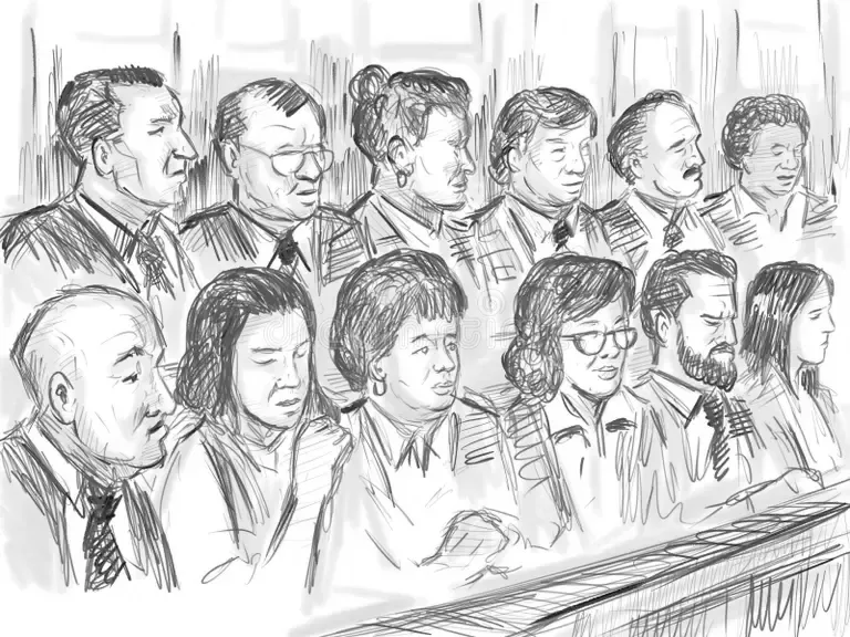 Courtroom sketch of jurors seated in the jury box