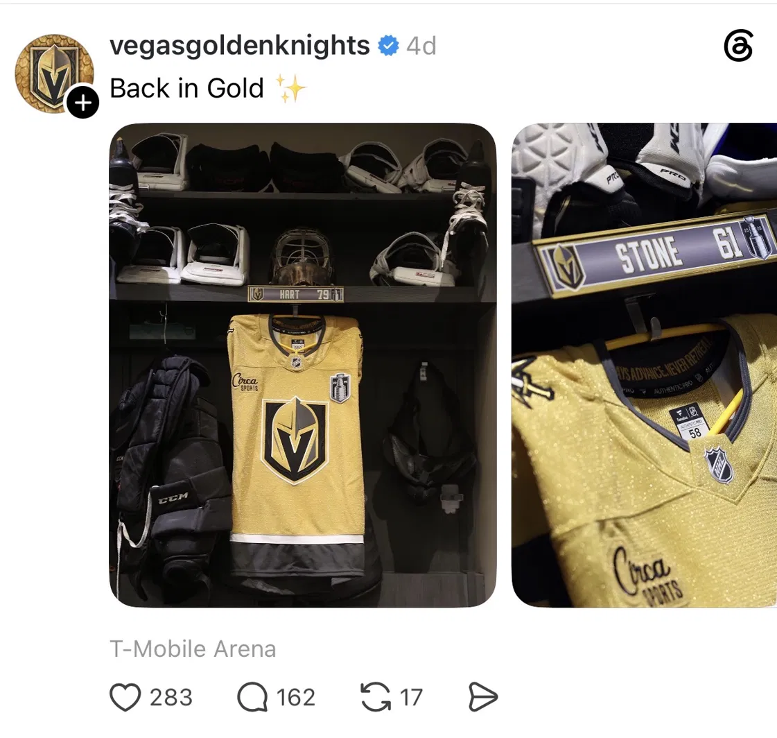 Vegas Golden Knights social media post: "Back in Gold" -- June 6. The post led with Carter Hart’s jersey and nameplate in the stall.